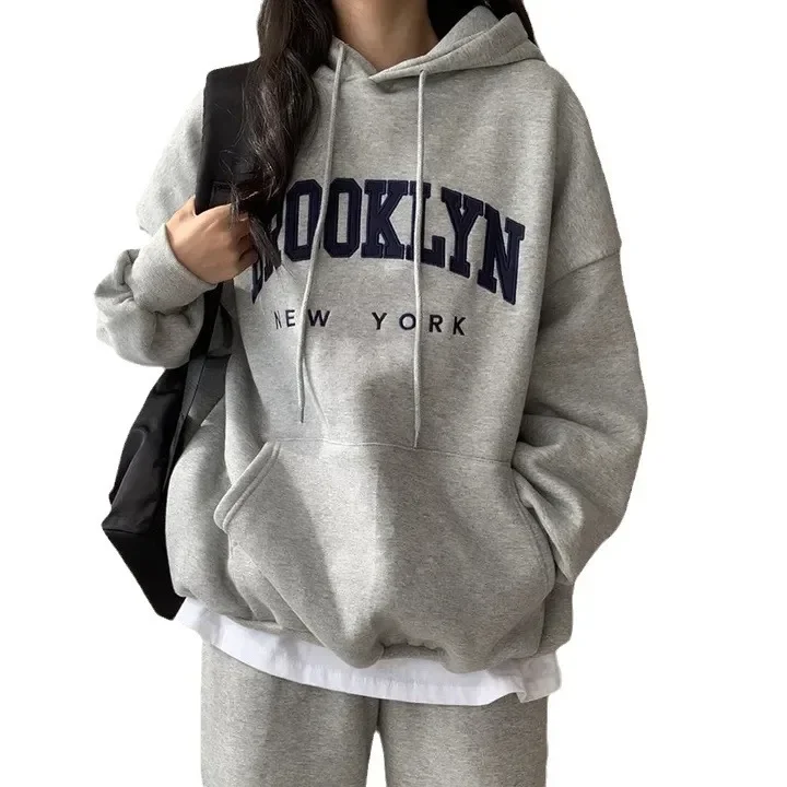 American Style Letter printed Hooded Sweatshirt Women\'s Loose Fit Thickened Fleece Lined Cross-border Clothing