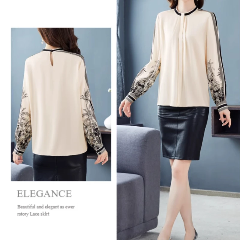 Satin Shirt Women Blouse Long-sleeved Spring and Summer New All-match Slimming High-end Elegant Printed Top