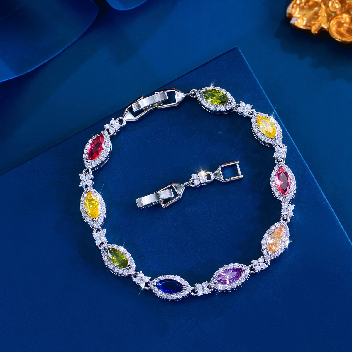 BeaQueen Brand Women Silver Color Jewelry Perfect Colorful Oval Cut Cubic Zirconia Stone Charming Tennis Bracelets Bangles S0309