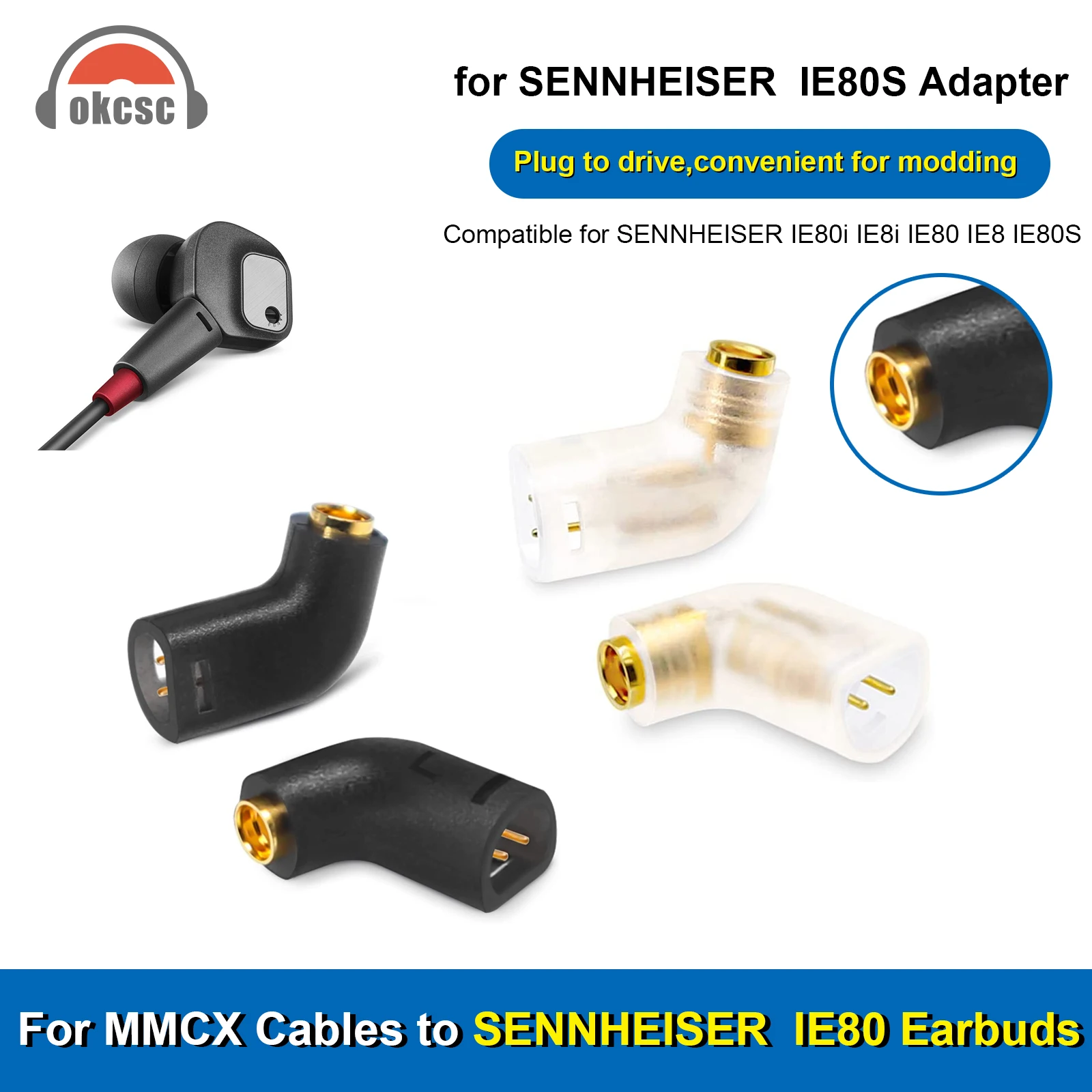 OKCSC Wtyczka słuchawek HIFI 3,5/0,78 mm ER4P EXK FitEar AD2C W40 HD580 QDC IE80 IE40 JH do MMCX Konwersja słuchawek Złącze pinowe