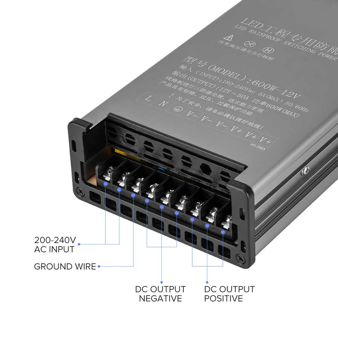 AC180V-240V to DC12V IP65 Rain-proof Power Supply Transformer Adapter for LED Strip Lights 60W 100W 150W 200W 400W 600W