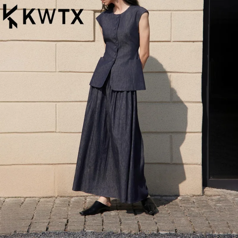

KWTX Women’s Luxury 2Pc Set Vest & Skirt Casual Loose Fit Round Neck Pocket Designer High Quality Spring Summer 2025 Navy
