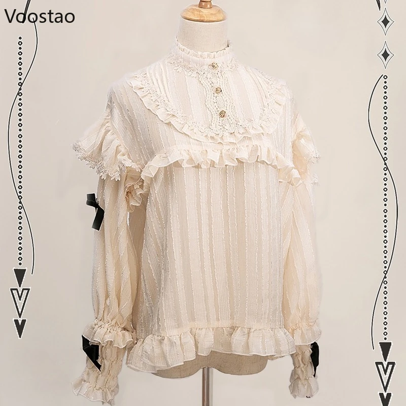 

Pink Japanese Sweet Lolita Shirt Women Kawaii Lace Ruffles Bow Long Sleeve Blouses Tops Girls Cute Y2k Cosplay Festival Clothing