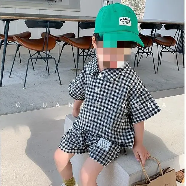 Children Clothing Boys Spring Summer Suit 2023 Short Sleeve Plaid Shirt and Shorts Handsome Cool Handsome Casual Two Piece Sets