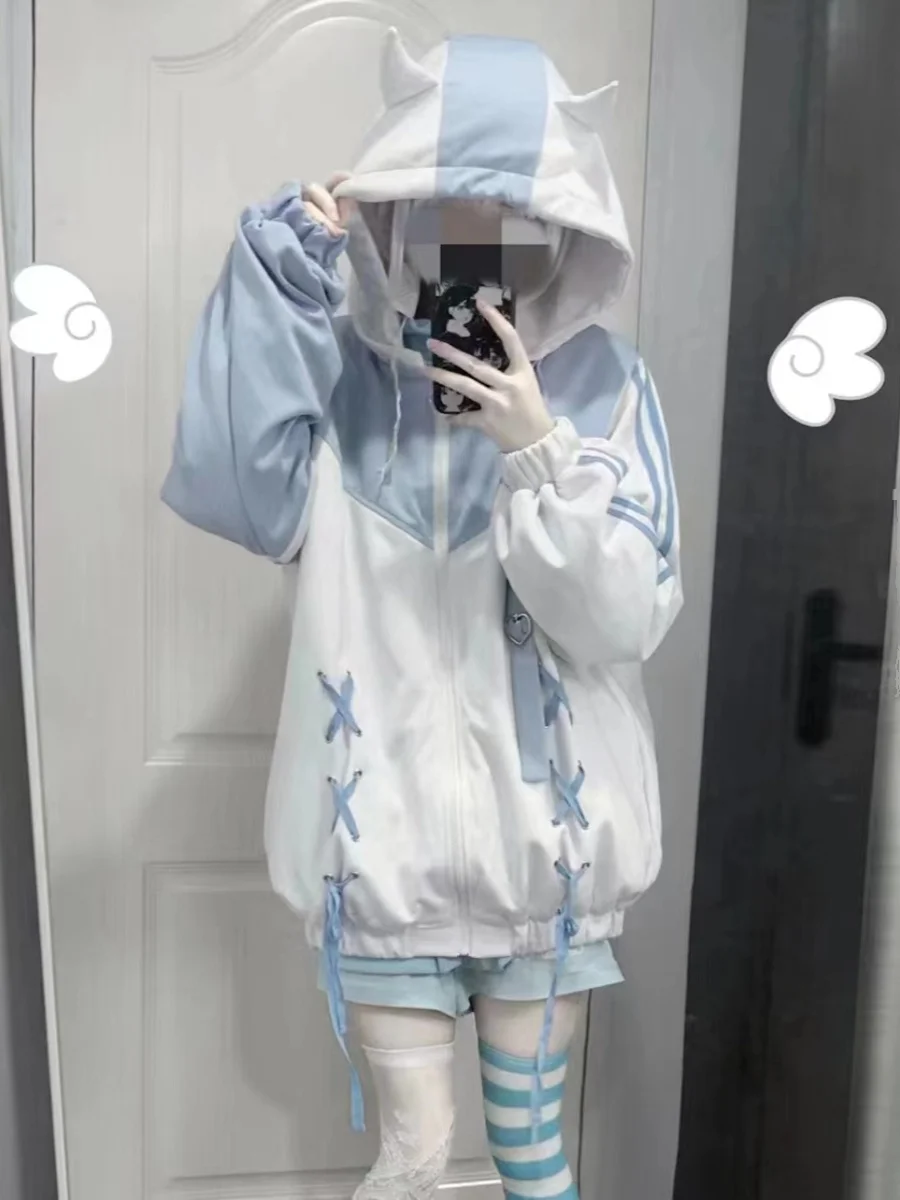 Japanese Mine Mass-Produced Hooded Jacket Spring and Autumn Female Girls Water Color System Loose Zip Hoodie Coat Outwear