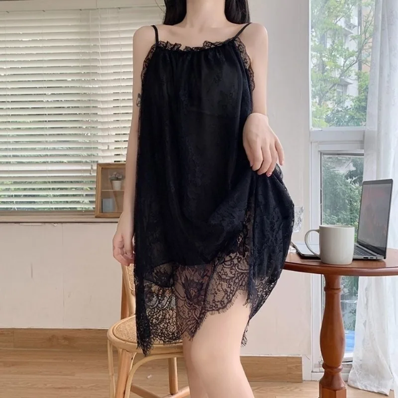 Hot Sale Sexy  Sleepwear Lace Nightgown Women See-through Loungewear Pajamas Summer Nightwear Solid Night Gown Mini Dress