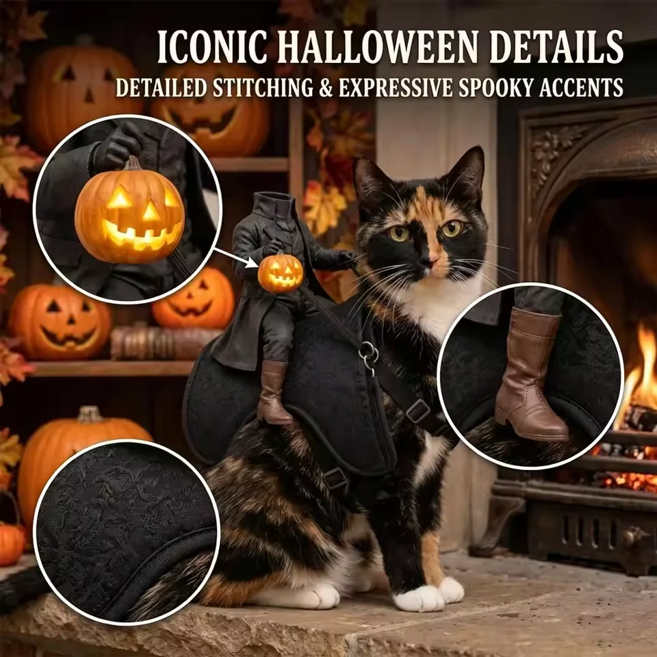 Cat wearing a headless horseman rider costume harness