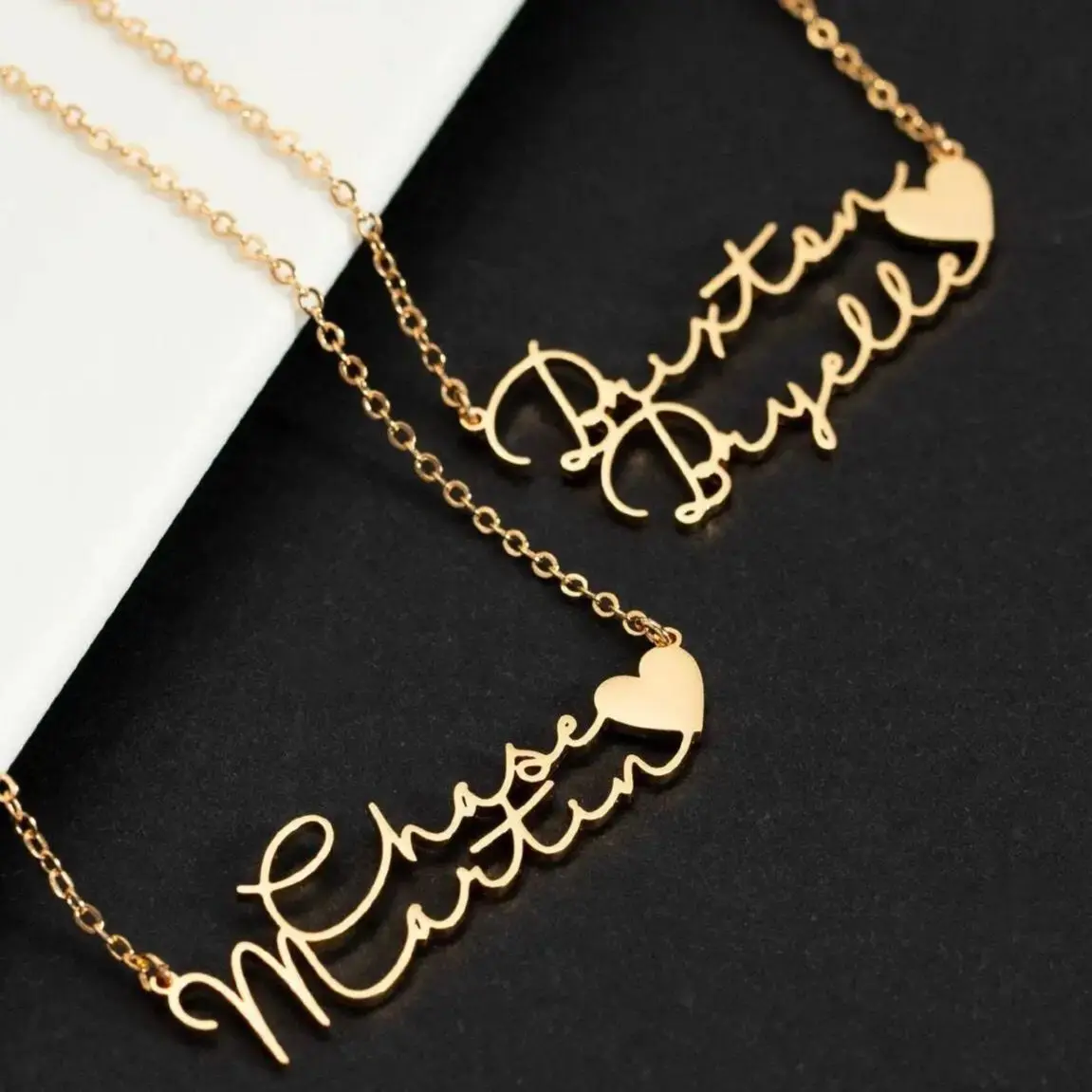 

Customized Double Name Necklace Personalized Stainless 18k Gold Plated Chain heart-shaped Double Row Name Pendant Necklace