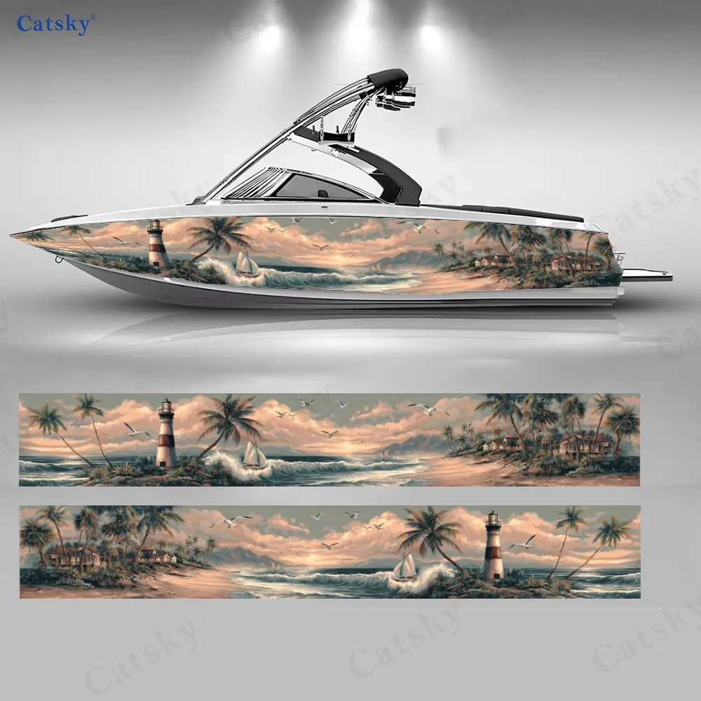 Island Lighthouse Seagull Flock Boat Stickers, PVC Waterproof Vinyl Wrap Decals for Fishing Boats, Durable and Stylish Design