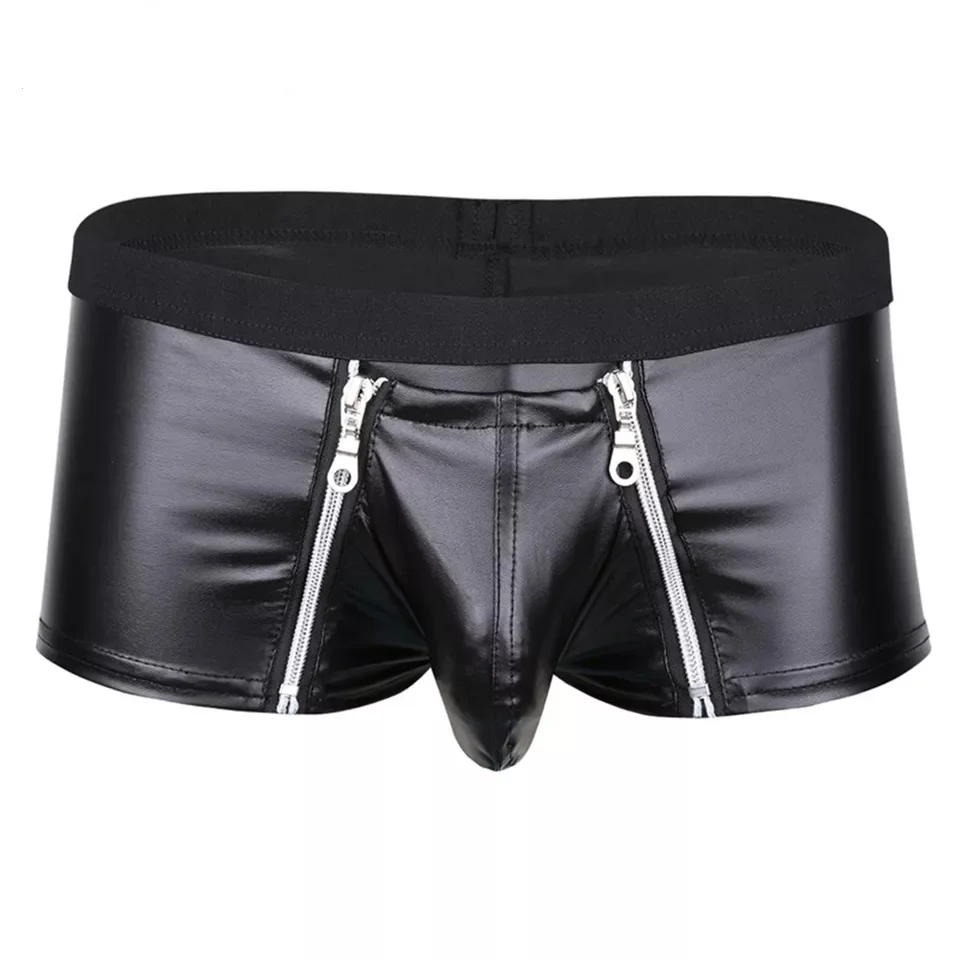 Mens Pu Leather Underwear Sexy Boxer Shorts Double Zipper Front Large Pouch BDSM Gay Fetish Plus Size Ropa Interior Fetiche