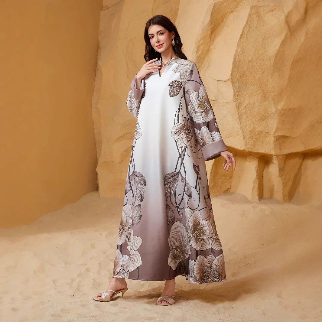 Middle East Saudi Arabia Muslim Luxury Fashion Islamic Women's Robe Printed Nail Bead Hot Diamond V-neck Flip Sleeve Dress 5