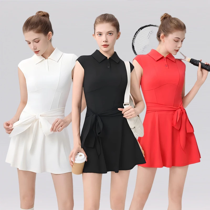 

Новинка 2023 года, тонкое облегающее спортивное платье с короткими рукавами и ремешком, теннисные платья для гольфа, женские теннисные юбки с воротником-поло и нагрудником