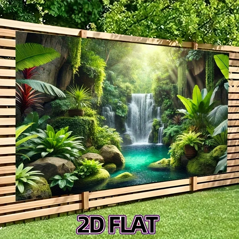 Plano 2D: un telón de fondo plano 2D con una piscina de cascada de selva tropical, medición de 8,0 x 6,0 pies. Esta cobertura de paredes vibrante