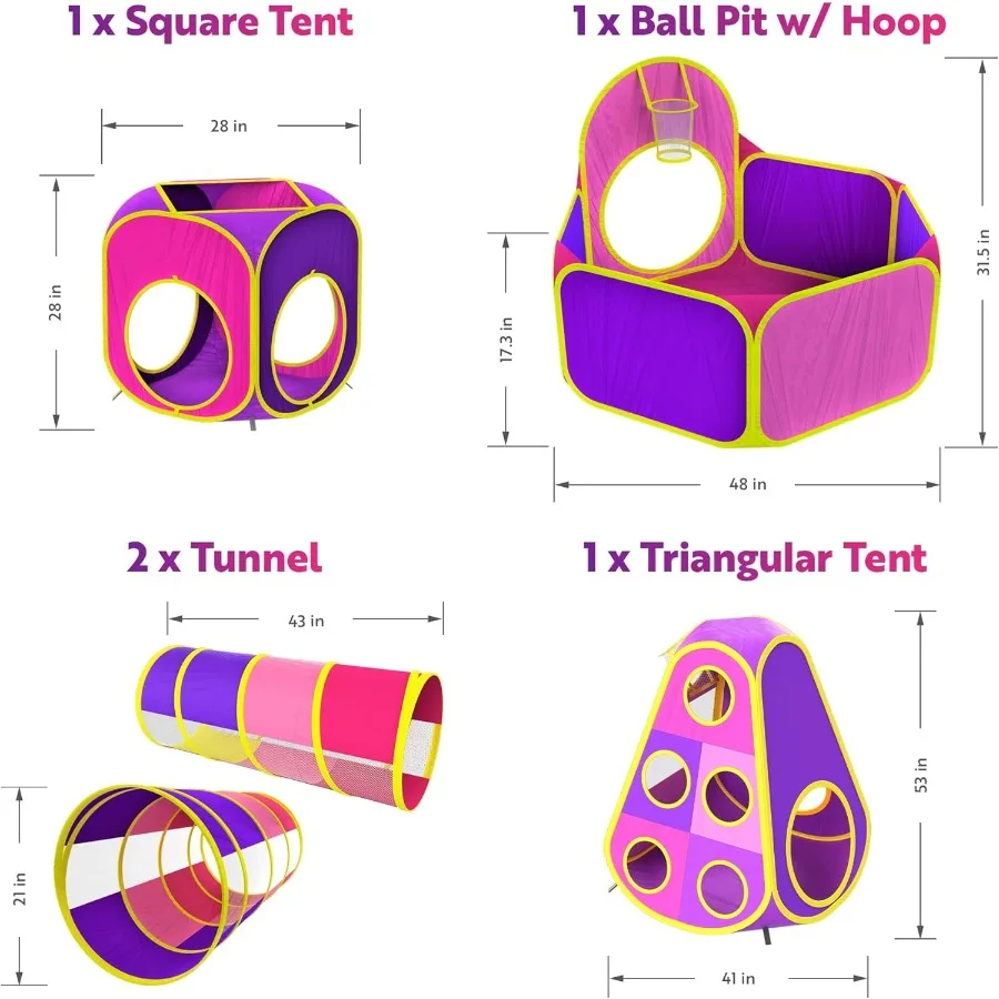 Playz – tente de jeu princesse, 5 pièces, fosse à balles avec cerceau de basket-ball et tunnel de jeu pour tout-petits, bébés, filles et garçons, intérieur et extérieur