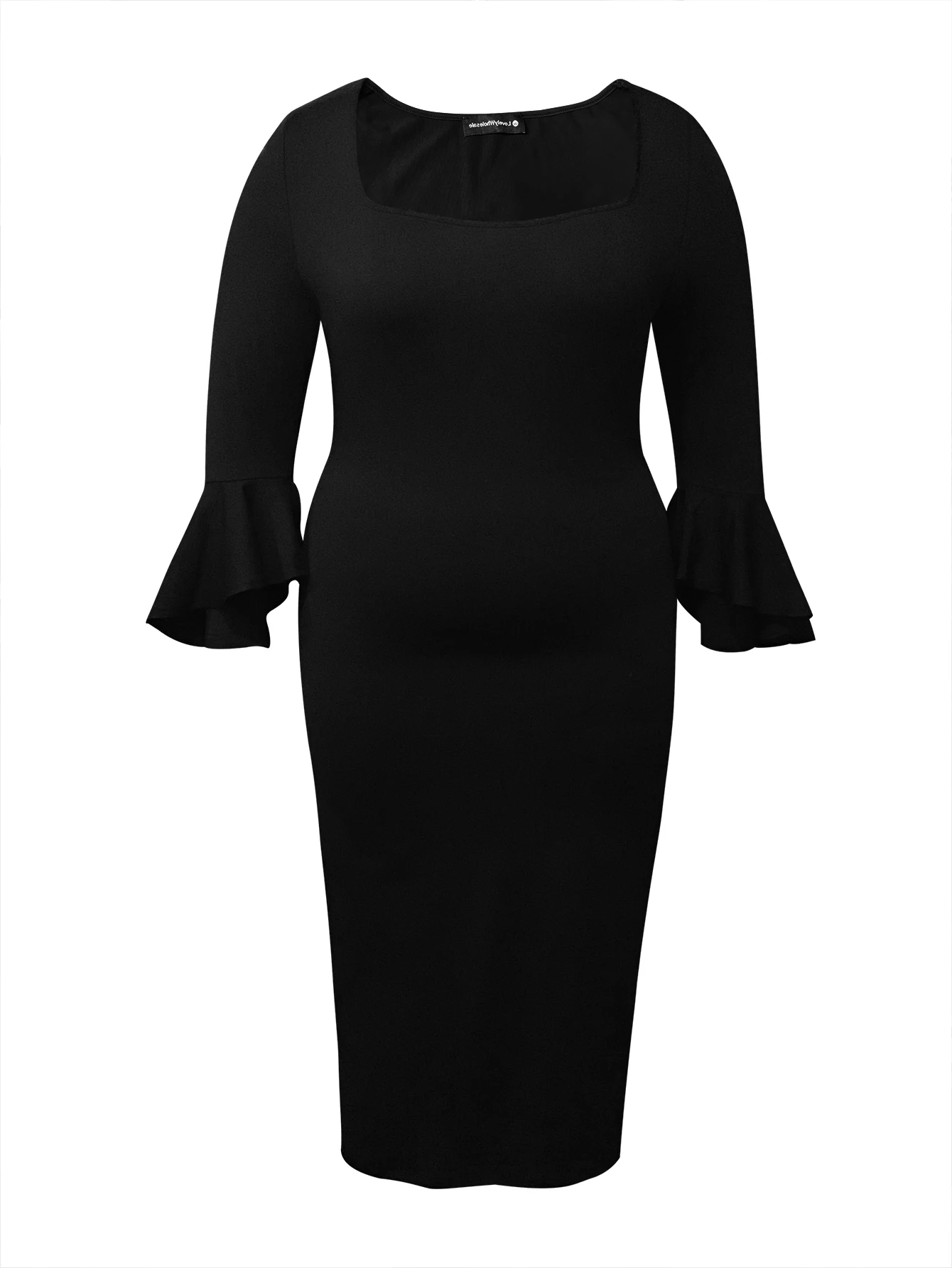 LW Plus Size Sukienka Rozkloszowana Sukienka Bodycon Małe Czarne Sukienki Odzież Damska Jednolity Kolor Długi Rękaw U Szyja Midi Sukienki na łydki