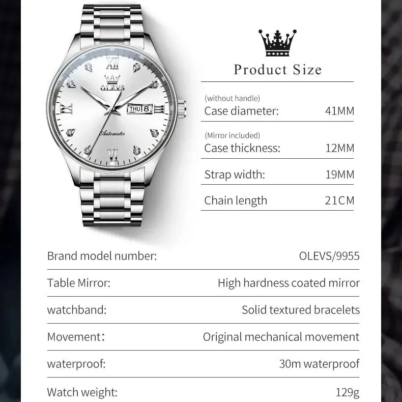 OLEVS Men\'s Automatic Mechanical Watch Calendar Week Luminous Waterproof Wristwatch Stainless steel Wrist watch for Men Original