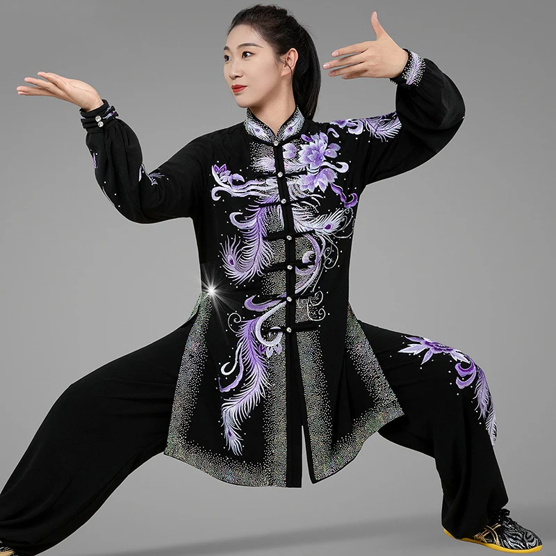 Custom Women's Black Embroidered Purple Feather Tai Chi Suit - High-End Rhinestone Double Silk Hemp Spring Summer Uniform