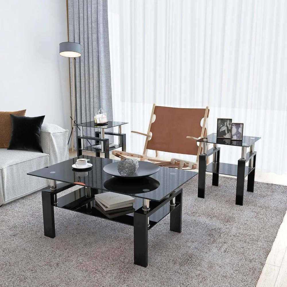3-Piece Living Room Furniture Set: Glass Coffee Table and Metal End Tables