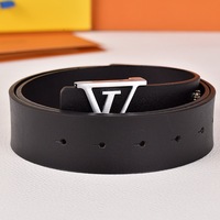 Men's Leather Belt Youthful Smooth Buckle Cowhide Fashionable Plaid Pattern Trendy Letter Embossed Versatile Waist Accessory