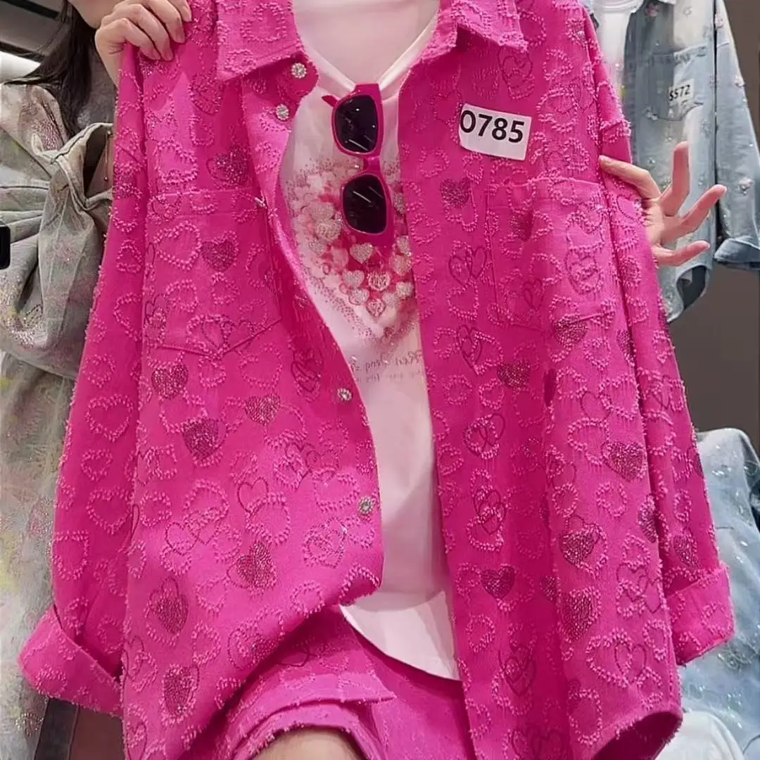 

Autumn 2026 Trend Rose Red Denim Shirts Blouses for Women's Loose Casual Denim Top Jacket Woman Clothes