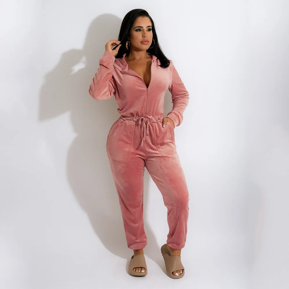 Velvet Sexy Elegant Jumpsuits One Piece Playsuits Bodycon Rompers Pocket Cargo Pants 2023 Winter Fall Women Jumpsuits Bodysuits