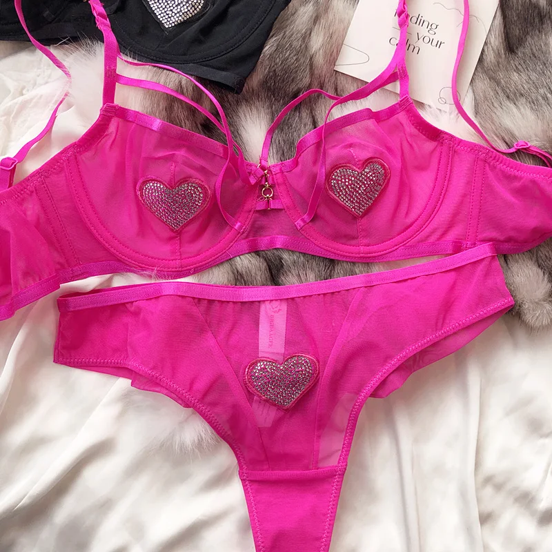 Sexy hollow mesh lingerie heart hot diamond girl bra set underwear ultra-thin large breasts show small bralette with underpants