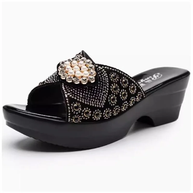 Slippers Woman Rhinestone Genuine Leather Summer Shoes Fashion Wedges Heels Sandals Women\'s Slides slipper Large Size 35--42