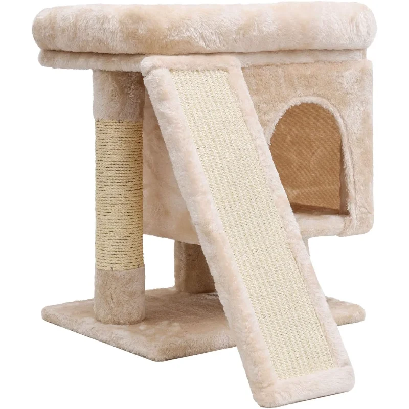 

Small Cat Tree for Indoor Large Cats, Kittens Condo with Scratching Post and Board, Modern Activity Tower with Cave (Beige)