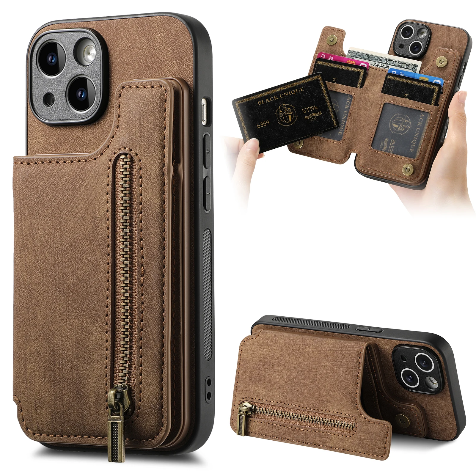 Zipper Cards Solt Wallet Leather Case For iPhone 15 Pro Max 14 Plus 13 12 11 XS XR Se 2022 Pocket Magnetic Double Buckle Cover