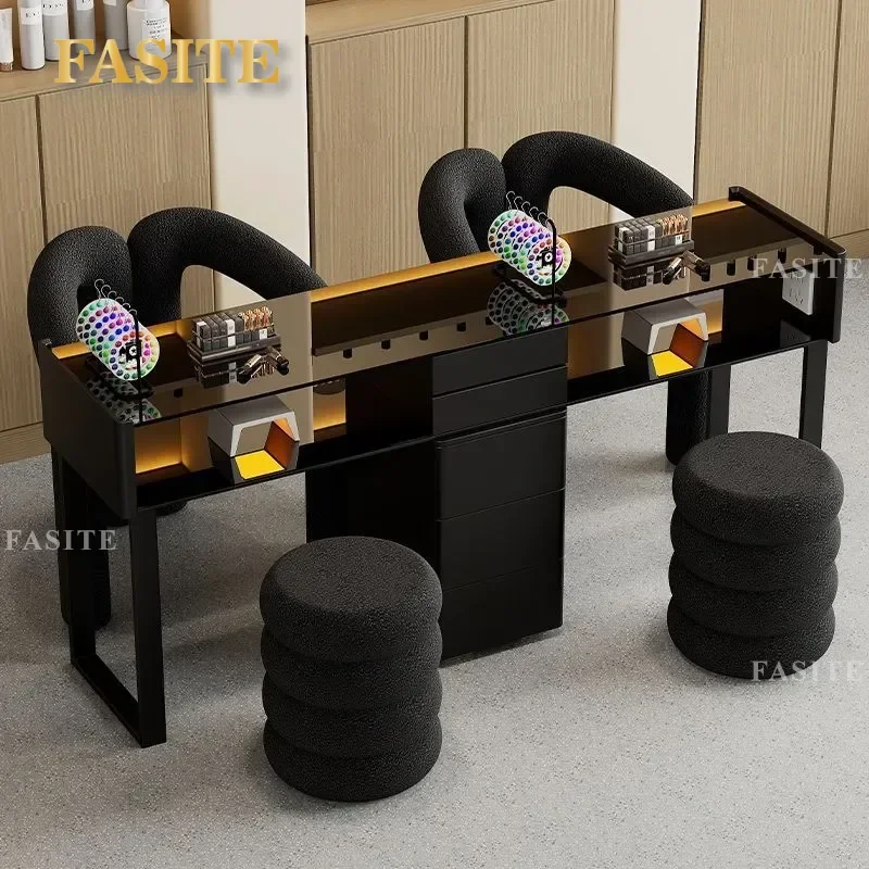 For Nail Art Table and Chair Set All Solid Wood Slate Top Cream Style Japanese Design Single Double Station Glass Desktop