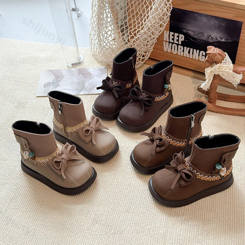 

Girls Princess Boots Ethnic Style Kids Short Boots with Simple Bows 2025 Autumn Winter Children Side Zipper Sweet Ankle Boots