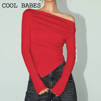 Women's T-shirt Spring Red Off Shoulder Sexy Tees Long Sleeves Warm Fashion Streetwear Pullover Asymmetrical Slim Female T-shirt