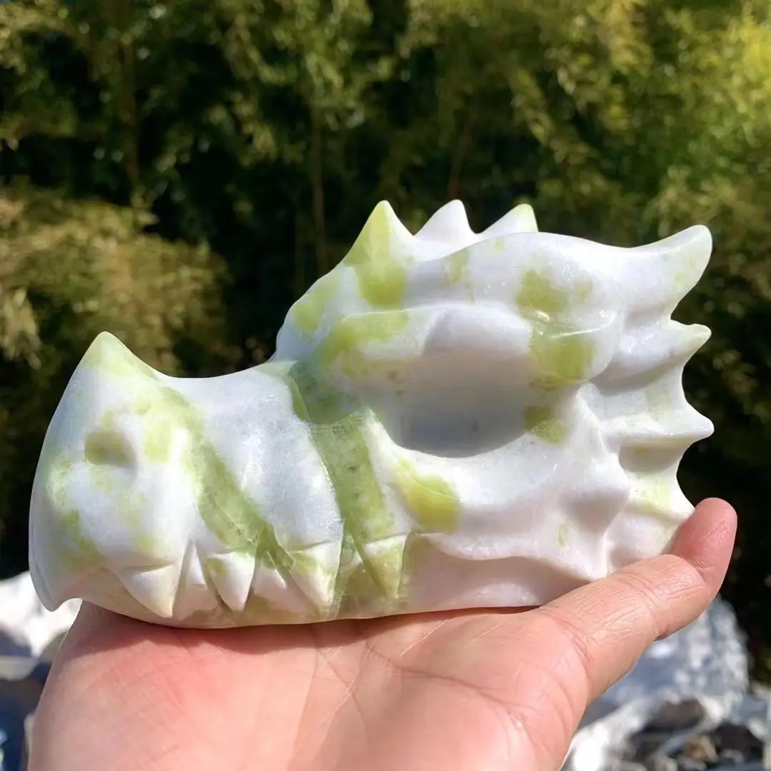 150mm Natural Glaze Jade Crystal Handmade Carved Dragon Head Skull Polished Powerful Animal Statue for Home Decoration Gift 1pcs