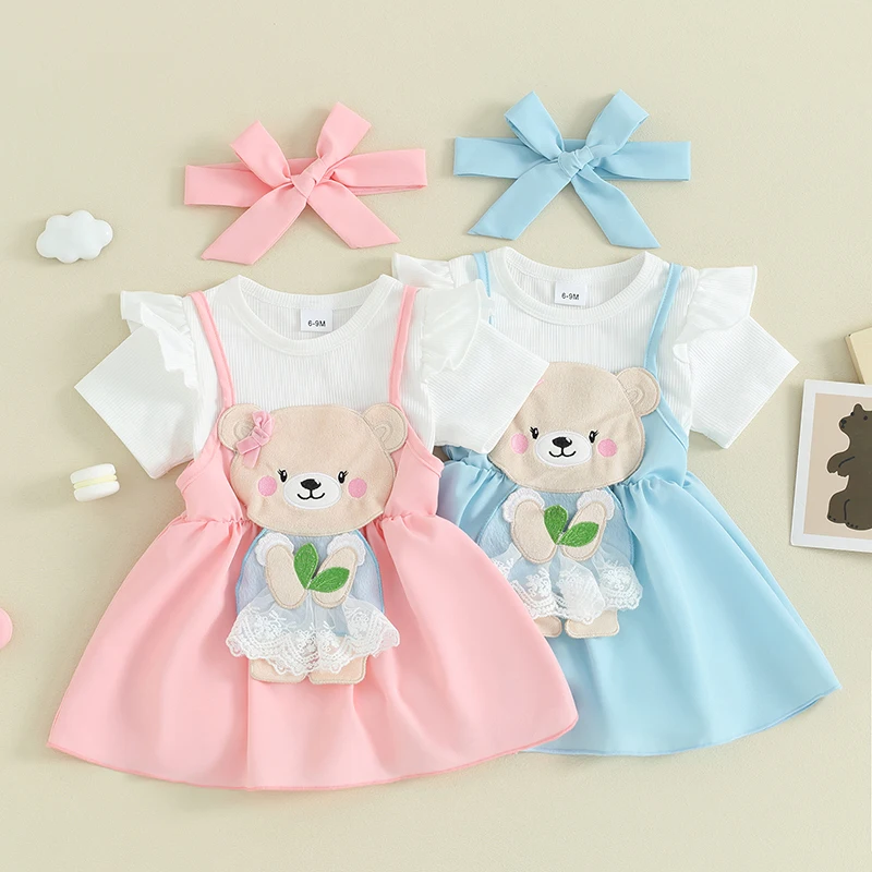 

Toddler Baby Girls Summer 3PCS Sets Short Sleeve Romper Bear Embroidery Suspender Skirt Headband Children's Clothing Set