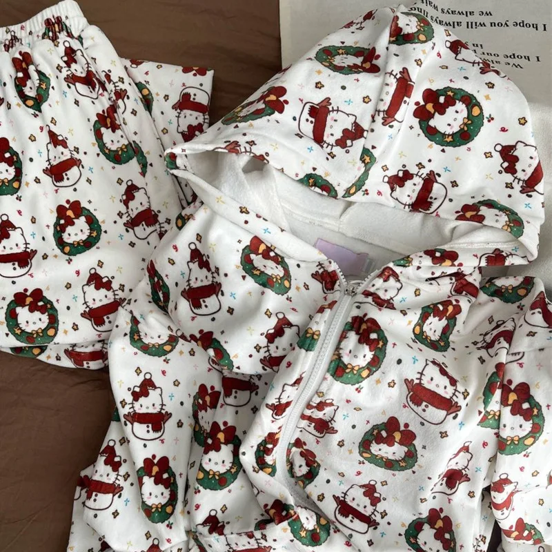 

Sanrio Cute Hello Kitty Hooded Coral Velvet Casual Pants Set Winter Thickened Plush Warm Home Suit Set Japanese Style Loose Set