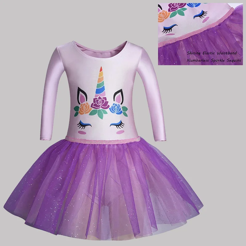 Girls Long Sleeve Ballet Dance Leotard for Girls Gymnastics Dance with Elastic Waistband and Numberless Sparkle Sequins Dress