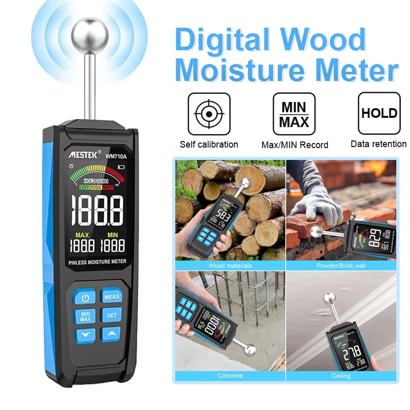 WM710A Digital Wood Moisture Meter Hygrometer Non-contact Timber Damp Detector Alarm Non-destructive Measurement Humidity Tester