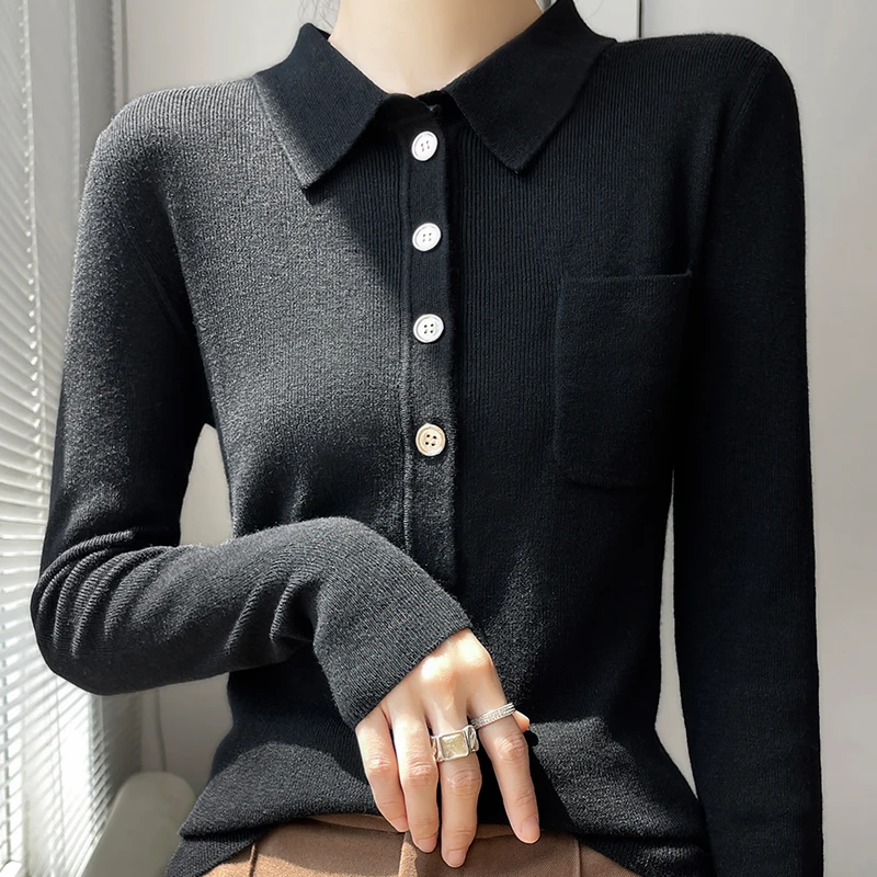 Women 100% Pure Merino Wool Soft Sweater Polo Collar Pullover Autumn Winter Casual Knit Tops Solid Color Regular Female Knitwear