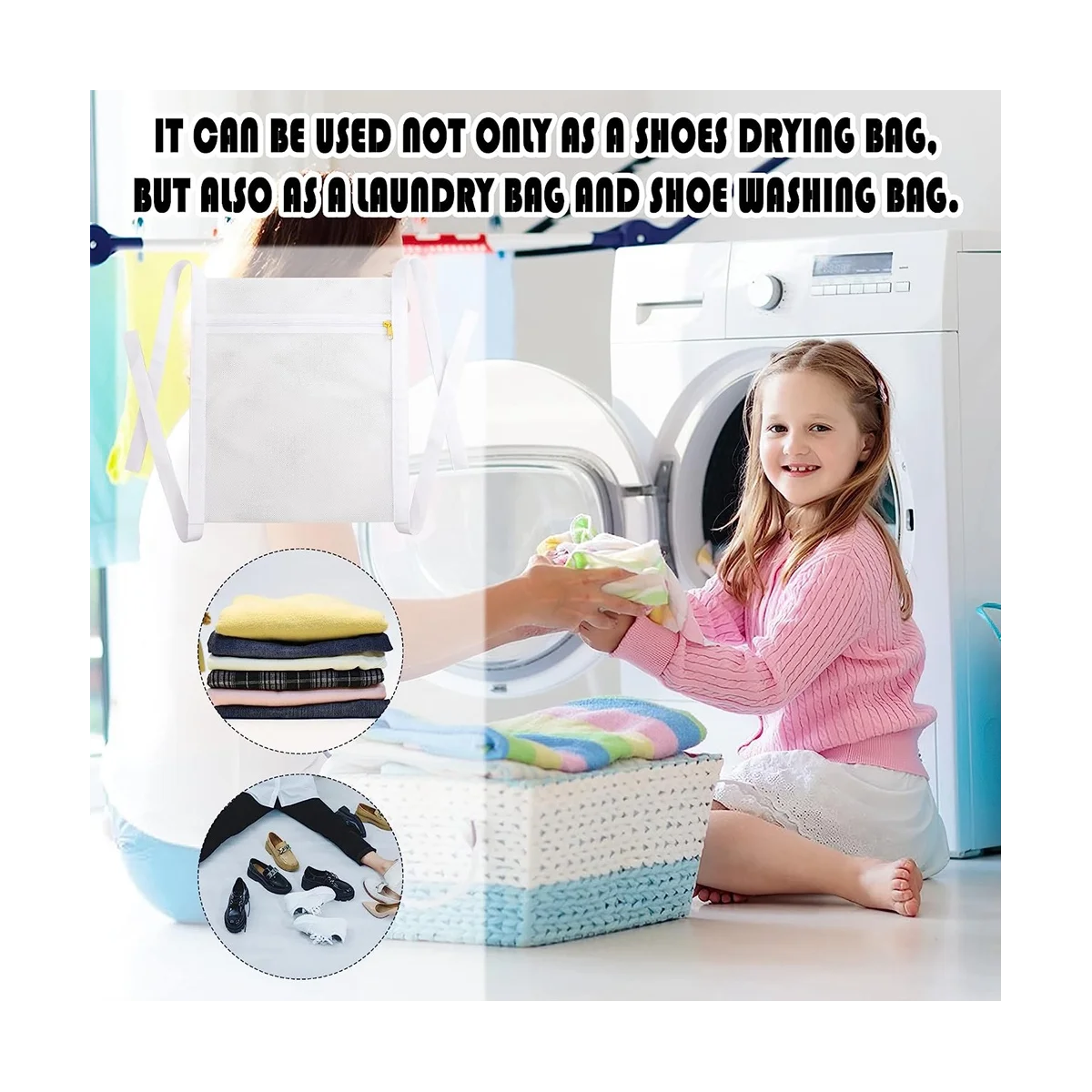 A09G-3 pièces sac en filet de lavage et de séchage de baskets pour sèche-linge, sacs en maille de combé de miel avec fermeture éclair et sangle pour chaussures, outil de sac réutilisé pour le linge