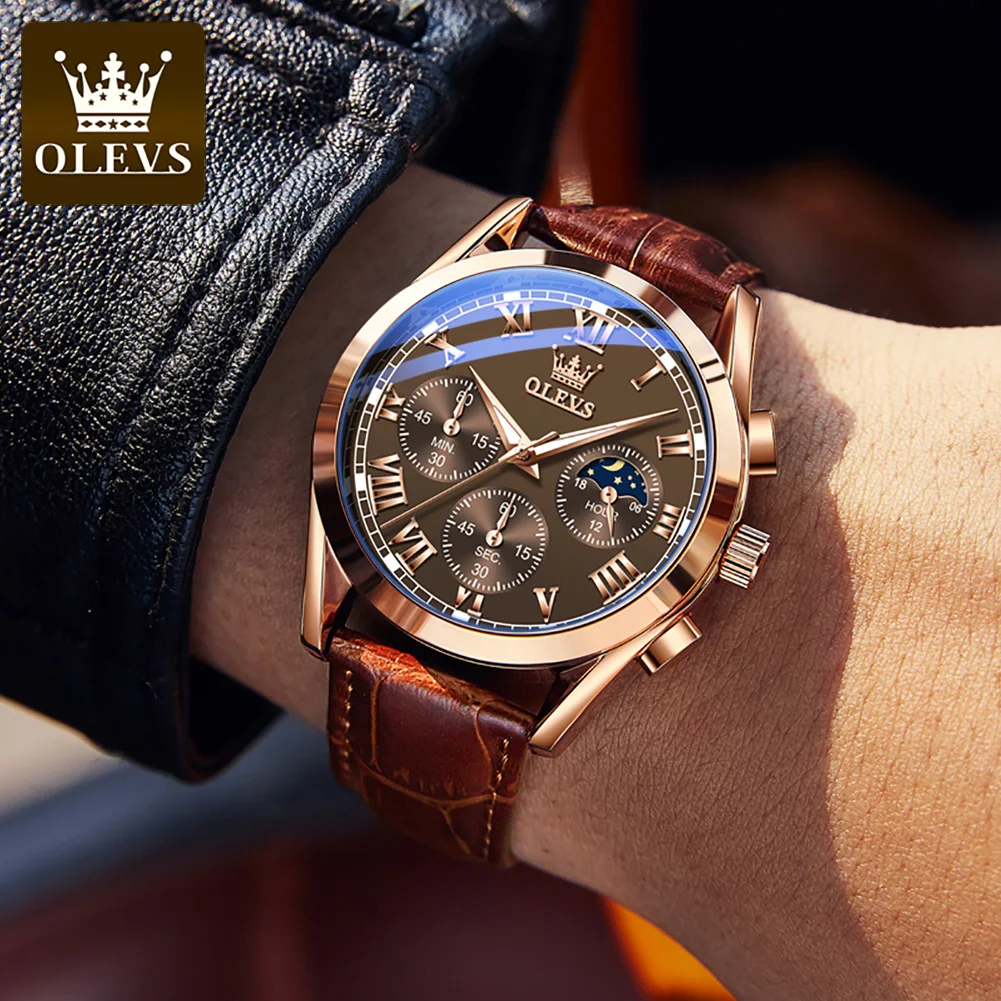 OLEVS Moon Phase men's watches Chronograph 30m waterproof luminous brand quartz watch for man date Leather strap Original watch