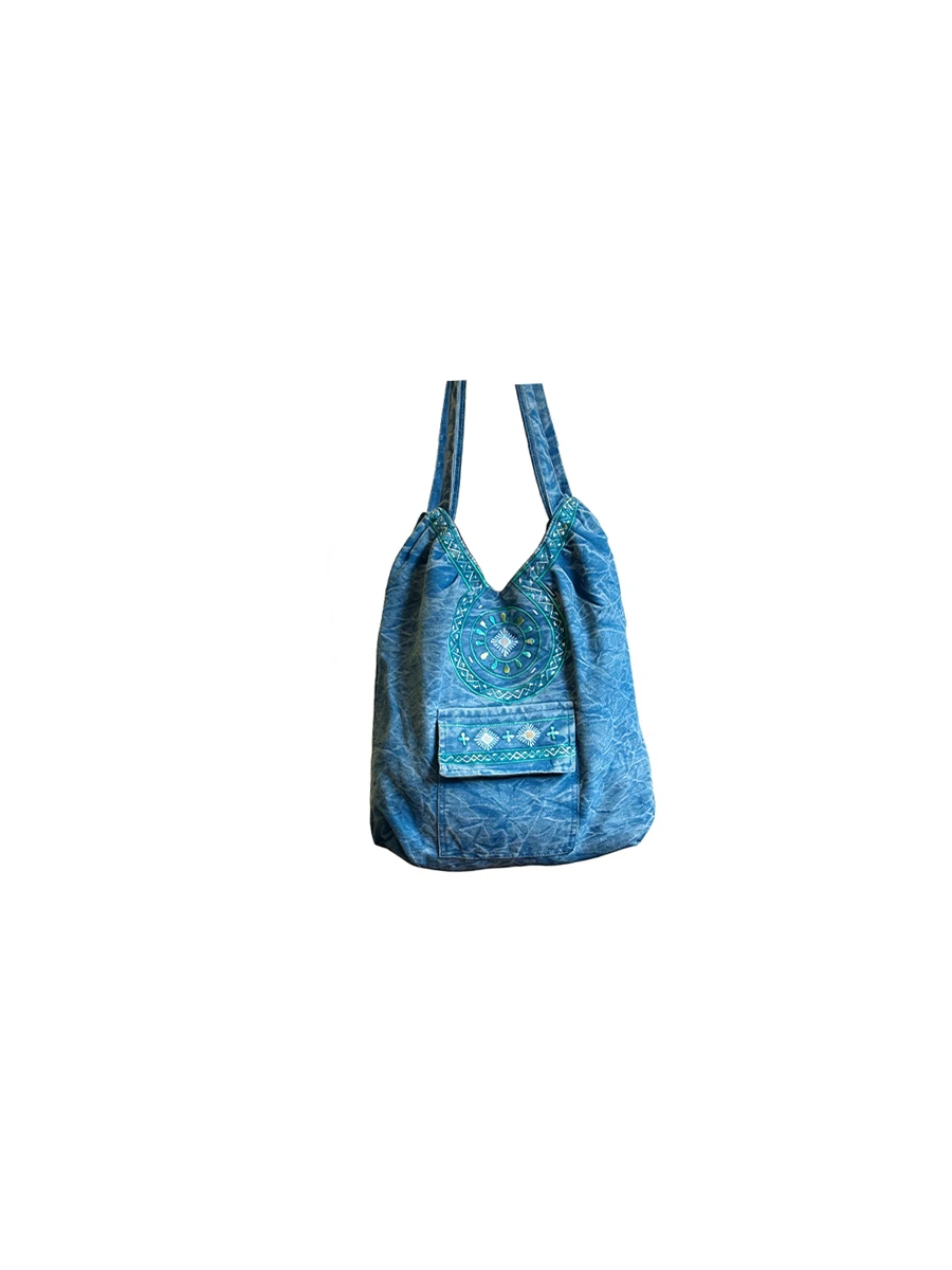 Retro Distressed Cotton Canvas Tote Bag Women's Bohemian Wanderlust Large Capacity Shoulder Bag Embroidered Floral Pattern