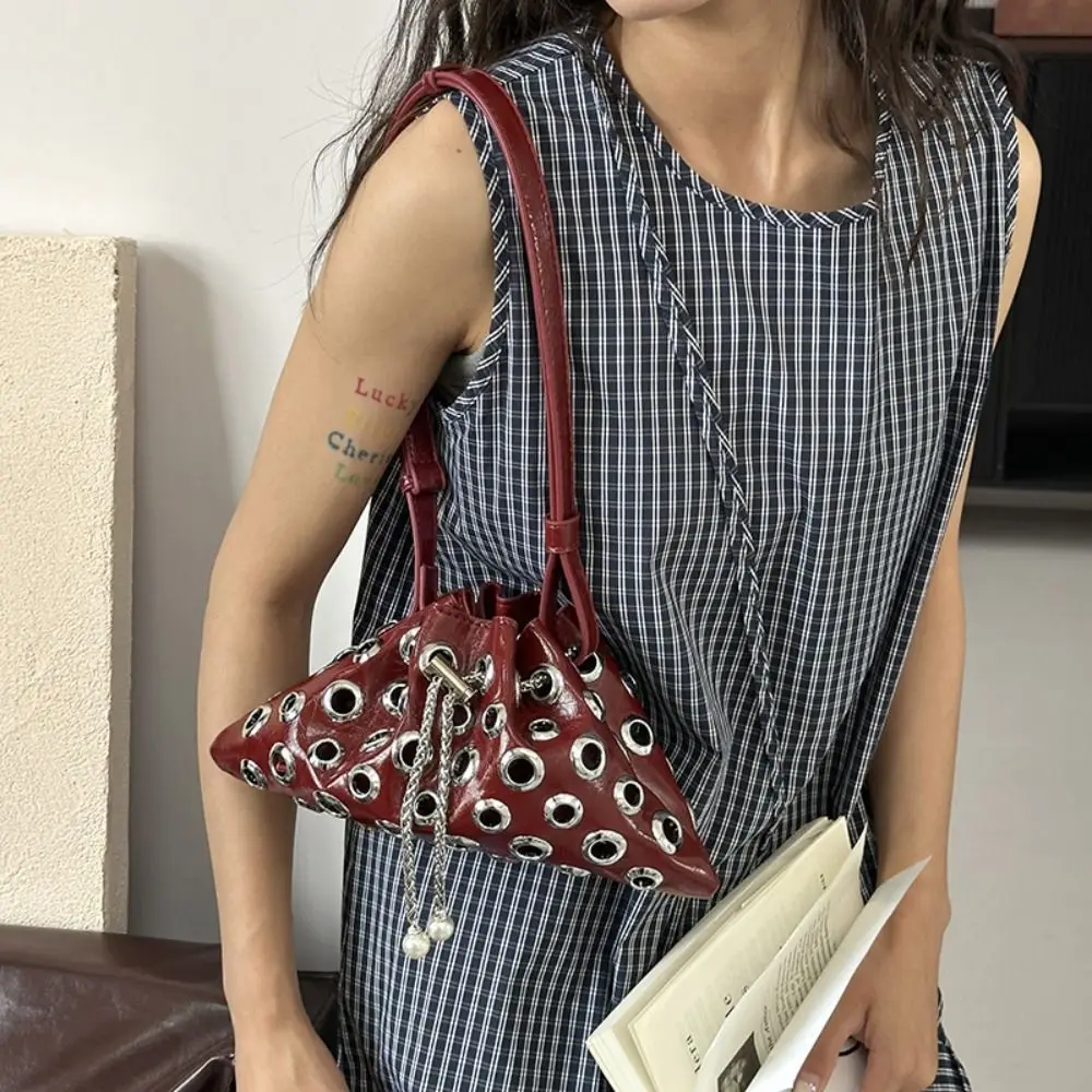 

Trendy Metal Stud Rivet Shoulder Bag Hollow Chain Y2k Underarm Bag Punk Style Handbag Drawstring Crossbody Bag Daily
