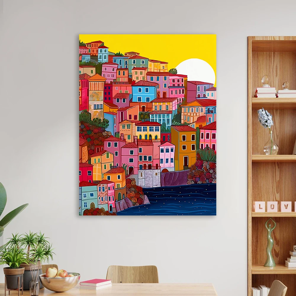 Manarola Illustration Poster Cinque Terre Italian Riviera Coastline Prints Italy Art Architecture Wall Art Canvas Painting Art