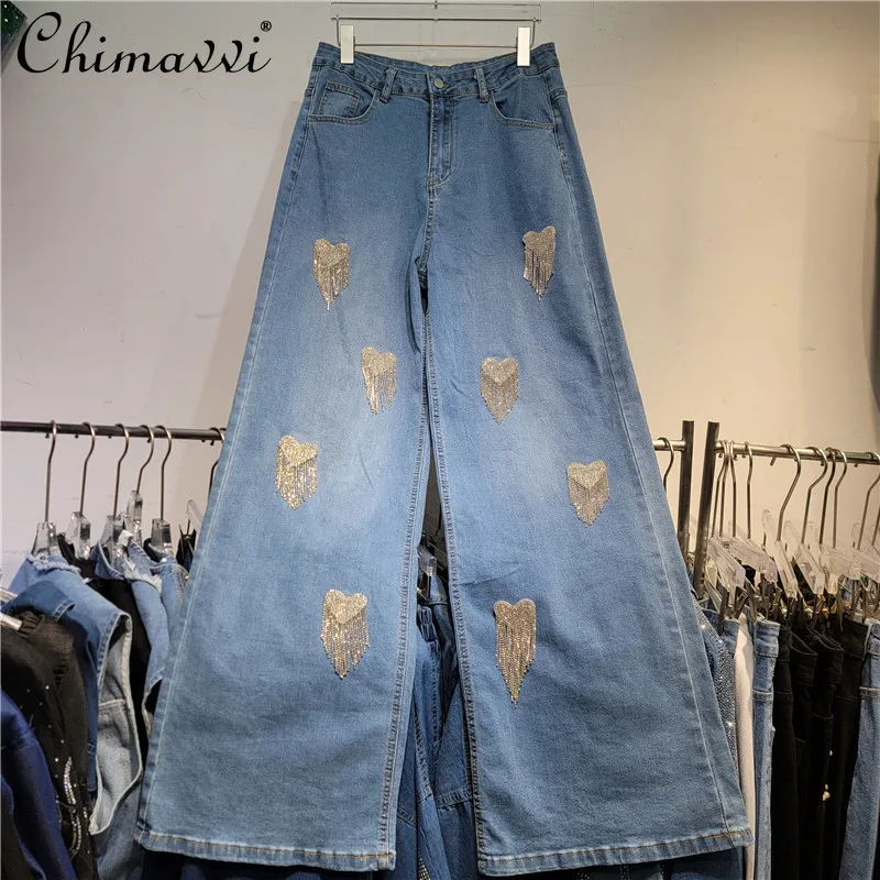 

Fashion Hot Diamond Fringed Wide Leg Jeans Women's 2025 Summer New High Street Straight Pants Large Size Women's Denim Pant