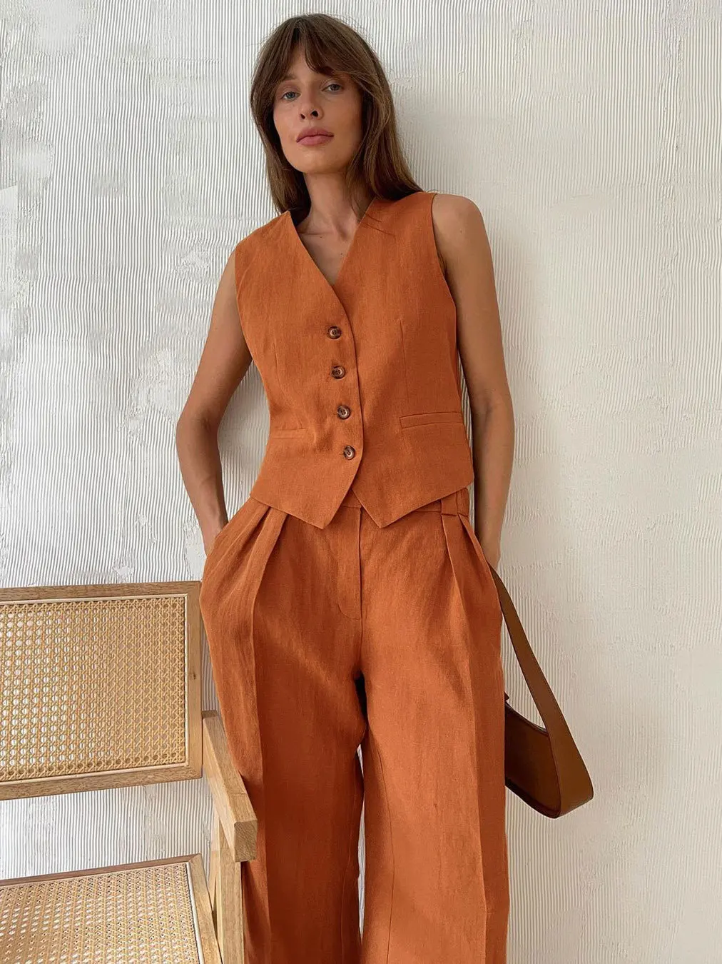 Autumn Spring Two Piece Wide Leg Pants Set Women V-neck Single Breasted Sleeveless Vest+Straight Wide Leg Shorts Suit Set