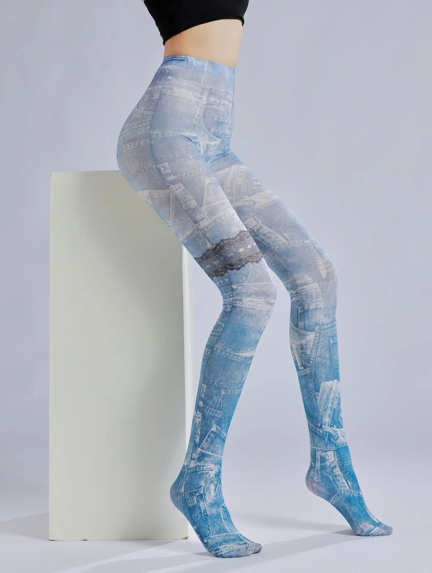 Fashion Personality Attraction Imitation Jeans Pattern Print Pantyhose Punk Light Blue Hottie Sexy Trend Drawing Tights