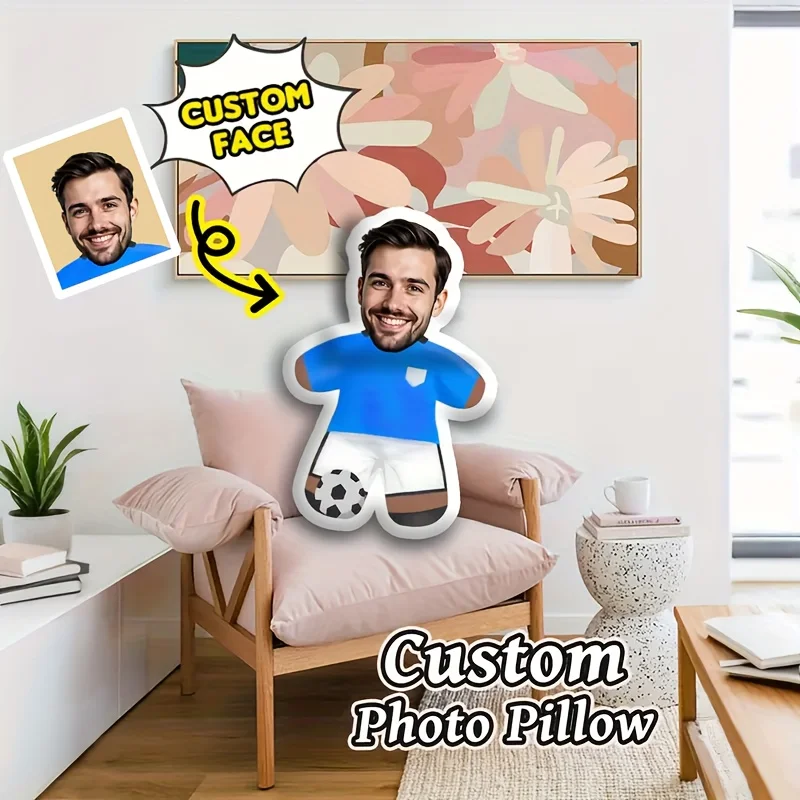 1 Custom Football Photo Pillow, Personalized Photo Blue and White Design Cushion, Custom Mini Fun Football Hug Pillow with Perso