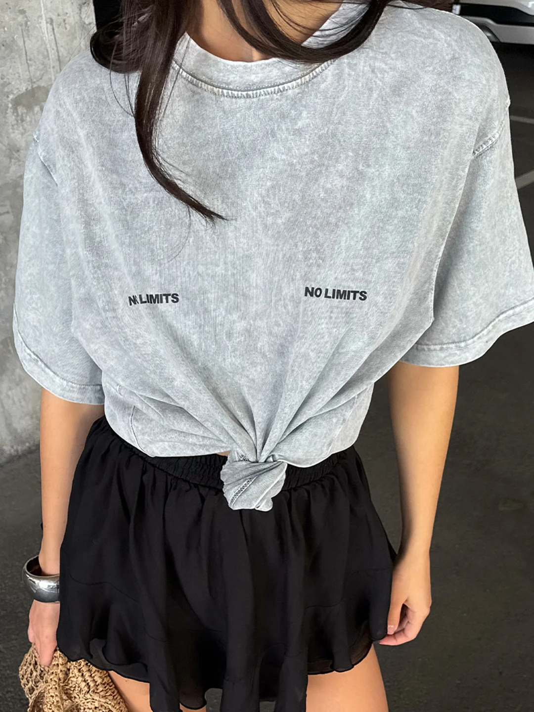 NO LIMITS Oversized Light Gray T-Shirt Water Washing Process Largesized Women's T-Shirt Casual Slogan Drop Sleeve Cotton Tee