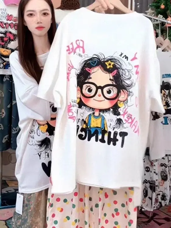 Summer 2025 Trendy Cotton ort Sve T-irt Women's Loose Fit Cartoon Print Comfortable Breathable Korean Sle round Ne