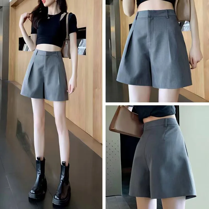 

Lucyever Summer Gray Suit Shorts Ladies High Waist Casual A-Line Baggy Short Pants Women Casual All-Match Simple Wide Leg Shorts